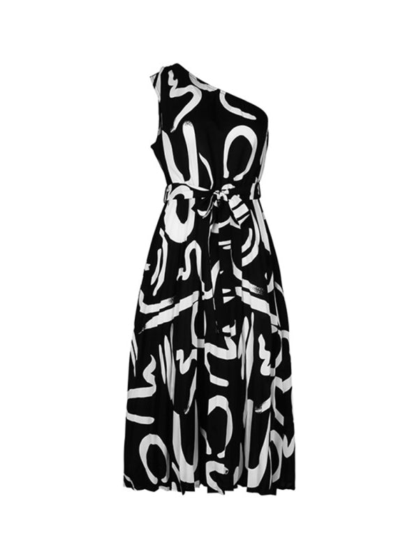 Midi Dresses- Letter Print Asymmetric Design One Shoulder Midi Dress- - Chuzko Women Clothing