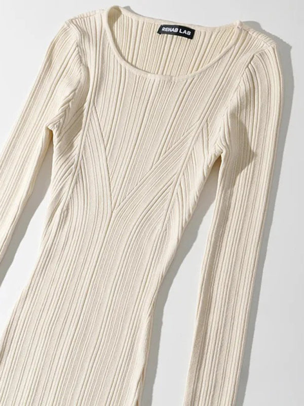 Midi Dresses- Long Sleeve Ribbed Midi Bodycon Dress- Chuzko Women Clothing