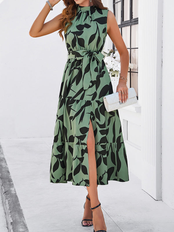 Midi Dresses- Nature's Elegance Leaf Print Stand Halterneck Belted Slit Midi Dress- - Chuzko Women Clothing