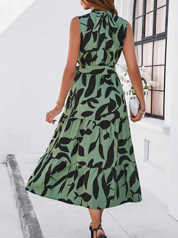 Midi Dresses- Nature's Elegance Leaf Print Stand Halterneck Belted Slit Midi Dress- - Chuzko Women Clothing