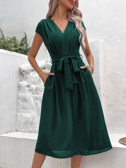 Midi Dresses- Solid A-Line Dressy Pleated Belted Tea Dress with Handy Pockets- Green black jasper- Chuzko Women Clothing