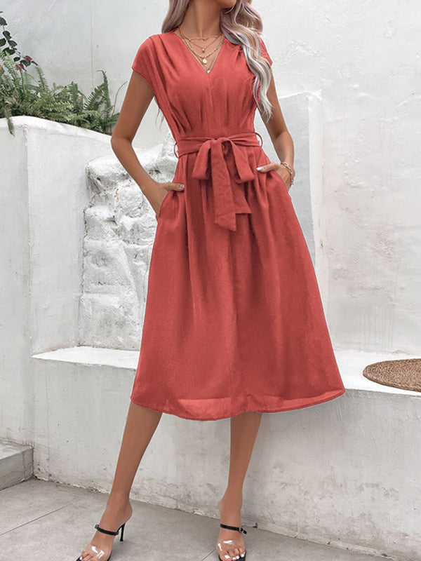 Midi Dresses- Solid A-Line Dressy Pleated Belted Tea Dress with Handy Pockets- - Chuzko Women Clothing