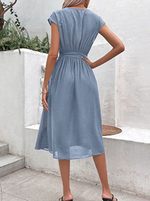 Midi Dresses- Solid A-Line Dressy Pleated Belted Tea Dress with Handy Pockets- - Chuzko Women Clothing