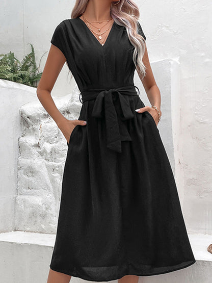 Midi Dresses- Solid A-Line Dressy Pleated Belted Tea Dress with Handy Pockets- Black- Chuzko Women Clothing
