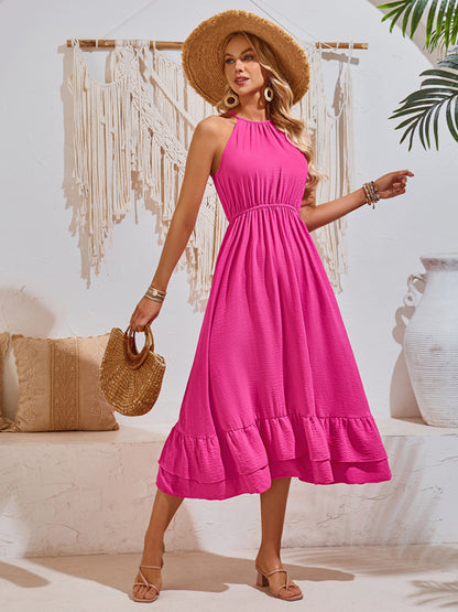 Solid A-Line Halter Dress with Gathered Waist and Ruffle Hem