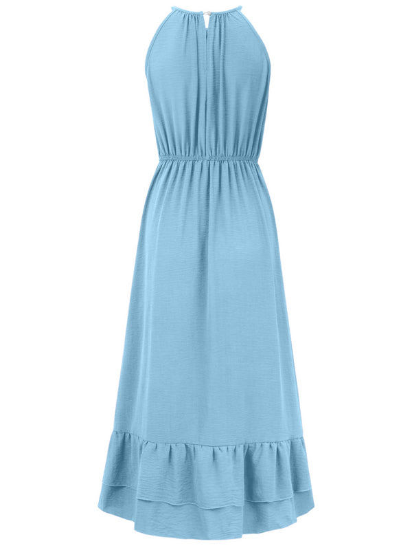 Solid A-Line Halter Dress with Gathered Waist and Ruffle Hem
