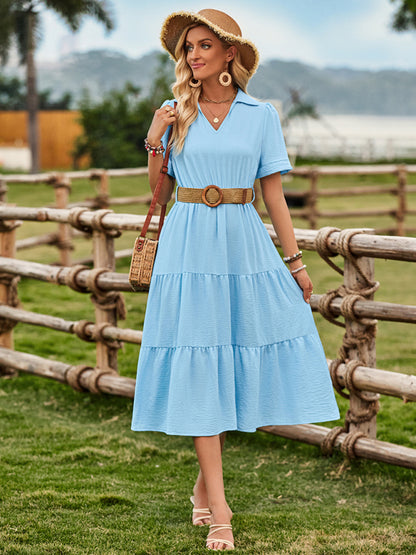 Midi Dresses- Solid A-Line Tiered Belted Collared Midi Dress- - Chuzko Women Clothing