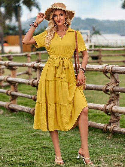 Midi Dresses- Solid A-Line Tiered Belted Collared Midi Dress- - Chuzko Women Clothing