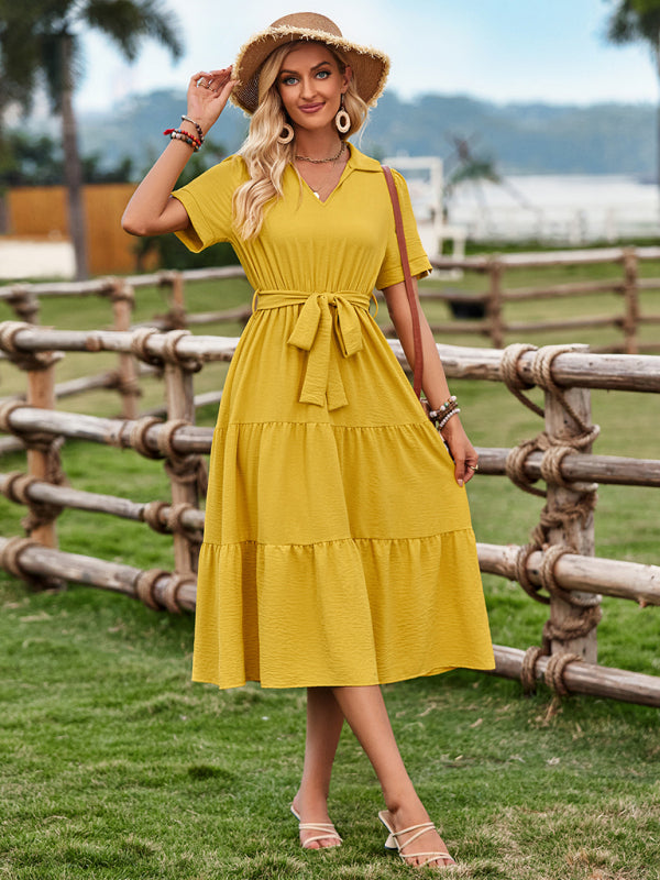 Midi Dresses- Solid A-Line Tiered Belted Collared Midi Dress- Yellow- Chuzko Women Clothing
