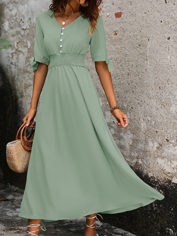 Midi Dresses- Solid A-Line V-Neck Midi Dress with Smocked Waist- - Chuzko Women Clothing
