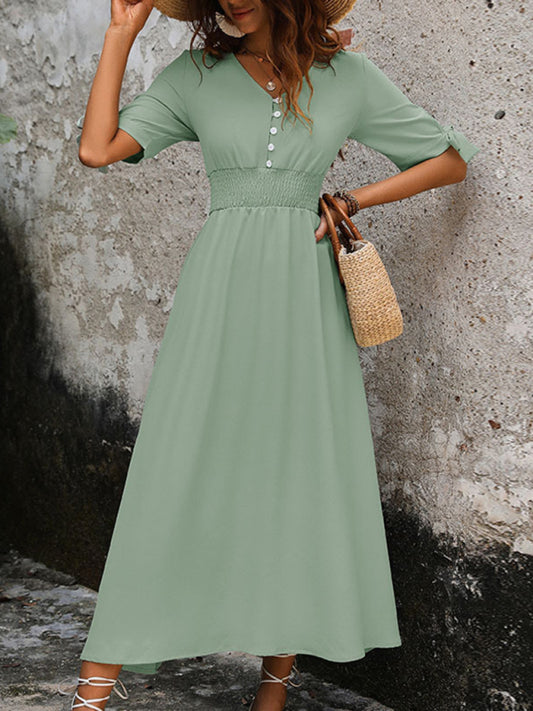 Midi Dresses- Solid A-Line V-Neck Midi Dress with Smocked Waist- Mint Green- Chuzko Women Clothing