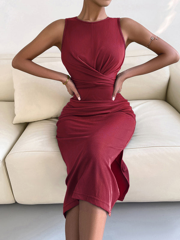 Midi Dresses- Solid Bodycon Twisted Slit Midi Dress- Wine Red- Chuzko Women Clothing