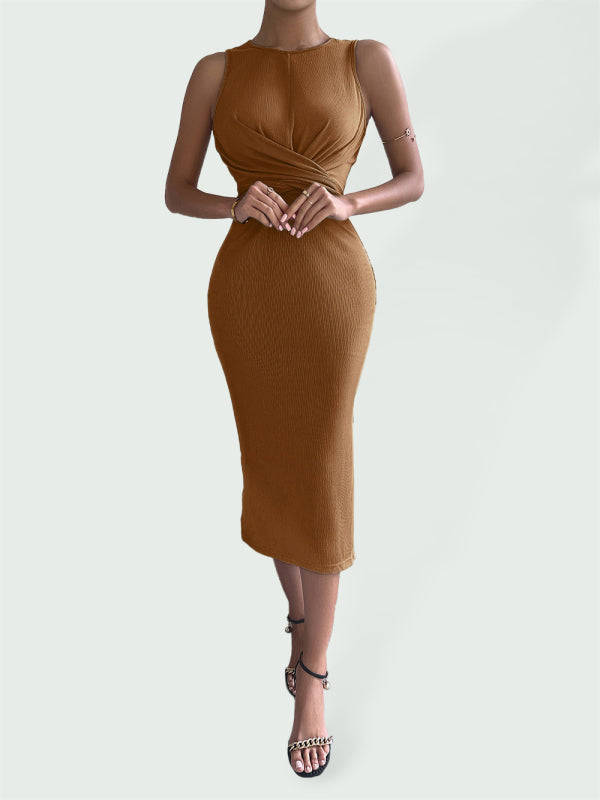 Midi Dresses- Solid Bodycon Twisted Slit Midi Dress- Khaki- Chuzko Women Clothing