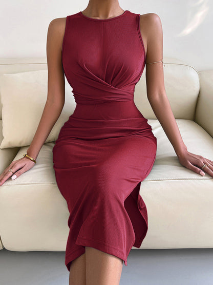 Midi Dresses- Solid Bodycon Twisted Slit Midi Dress- - Chuzko Women Clothing