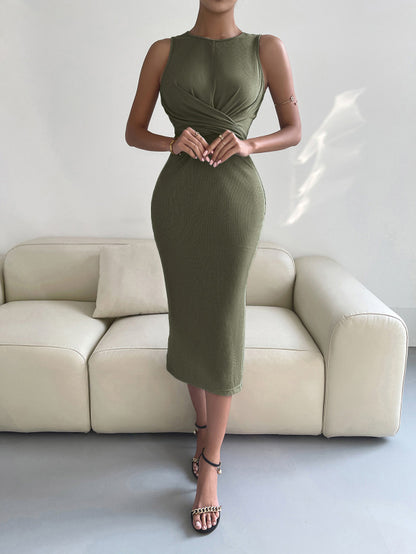Midi Dresses- Solid Bodycon Twisted Slit Midi Dress- Green- Chuzko Women Clothing