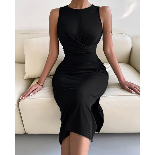 Midi Dresses- Solid Bodycon Twisted Slit Midi Dress- Black- Chuzko Women Clothing