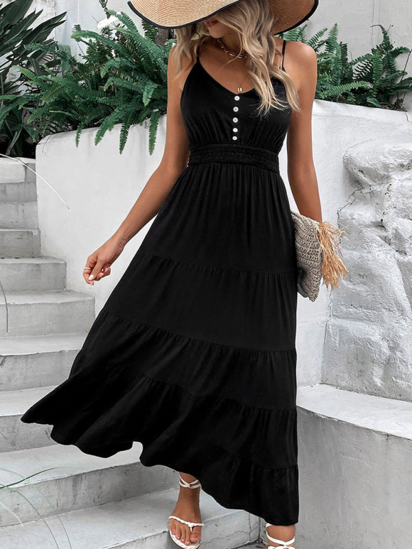 Midi Dresses- Solid Sleeveless Cami Midi Dress with Smocked Waist- Chuzko Women Clothing