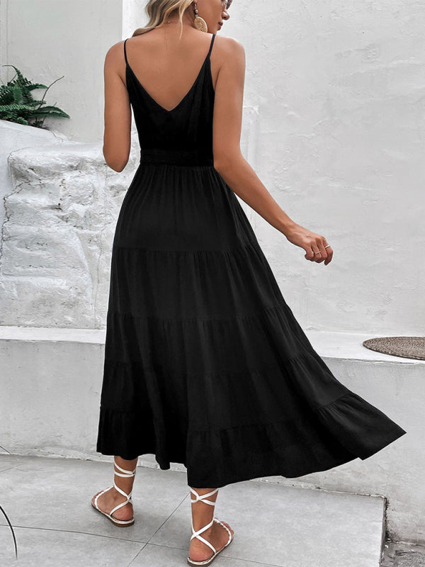 Midi Dresses- Solid Sleeveless Cami Midi Dress with Smocked Waist- Chuzko Women Clothing