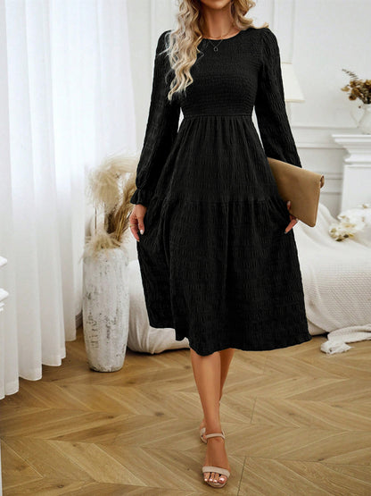 Midi Dresses- Solid Smocked Bodice A-Line Midi Dress with Long Sleeves- Chuzko Women Clothing