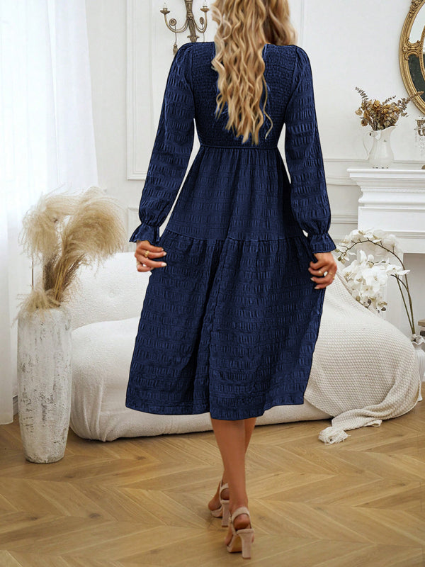 Midi Dresses- Solid Smocked Bodice A-Line Midi Dress with Long Sleeves- Chuzko Women Clothing