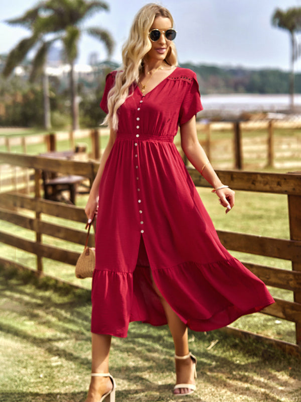 Midi Dresses- Solid Smocked Waist Midi Dress with Short Sleeves & Pockets- Chuzko Women Clothing