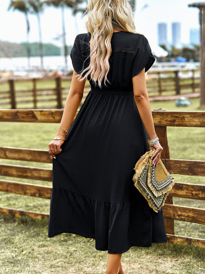 Midi Dresses- Solid Smocked Waist Midi Dress with Short Sleeves & Pockets- Chuzko Women Clothing