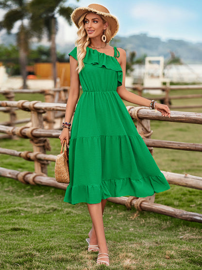 Midi Dresses- Solid Tiered Ruffle One Shoulder A-Line Midi Dress- Green- Chuzko Women Clothing