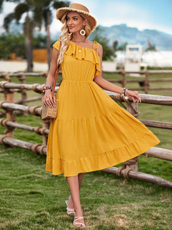 Midi Dresses- Solid Tiered Ruffle One Shoulder A-Line Midi Dress- Yellow- Chuzko Women Clothing
