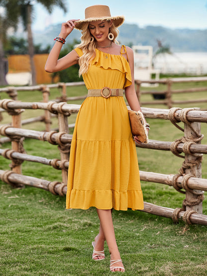 Midi Dresses- Solid Tiered Ruffle One Shoulder A-Line Midi Dress- - Chuzko Women Clothing