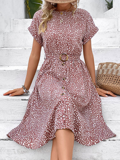 Midi Dresses- Summer Belted A-Line Midi Dress in Leopard Print- - Chuzko Women Clothing