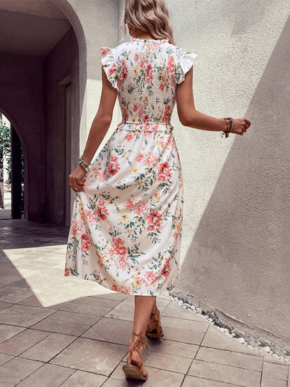 Midi Dresses- Summer Floral Print Midi Dress with Crew Frill Neck and Smocked Bodice- Chuzko Women Clothing
