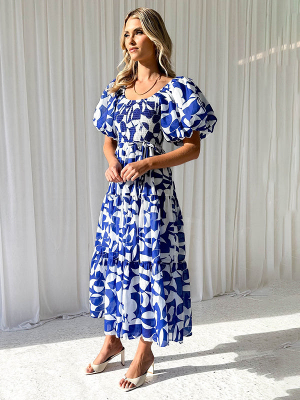 Midi Dresses- Summer Wedding Floral A-Line Midi Dress with Smocked Tiers & Puff Sleeves- Chuzko Women Clothing