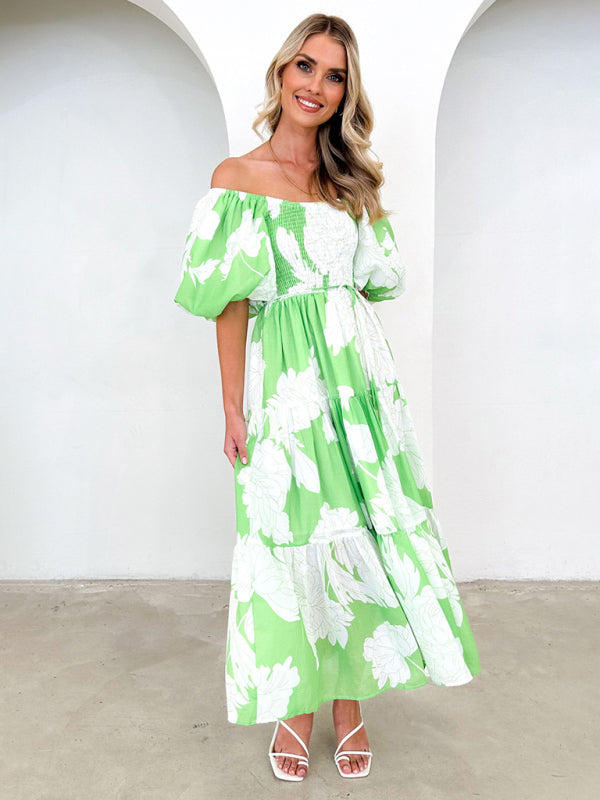 Midi Dresses- Summer Wedding Floral A-Line Midi Dress with Smocked Tiers & Puff Sleeves- Chuzko Women Clothing
