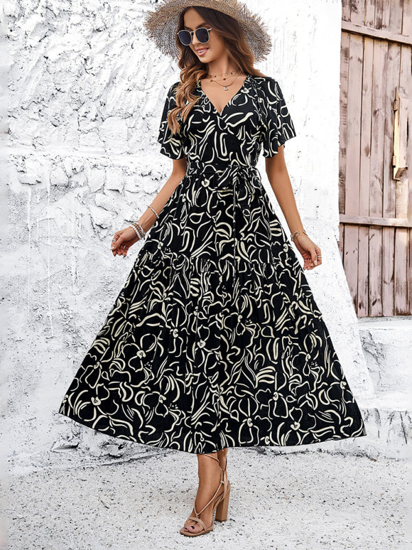Midi Dresses- Surplice V-Neck Belted Midi Dress with Flounce Sleeves in Textured Print- Black- Chuzko Women Clothing