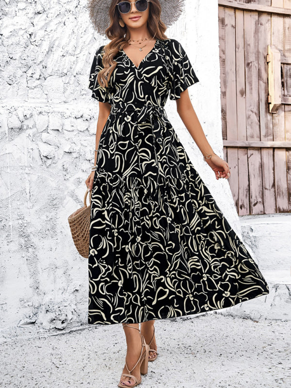 Midi Dresses- Surplice V-Neck Belted Midi Dress with Flounce Sleeves in Textured Print- - Chuzko Women Clothing