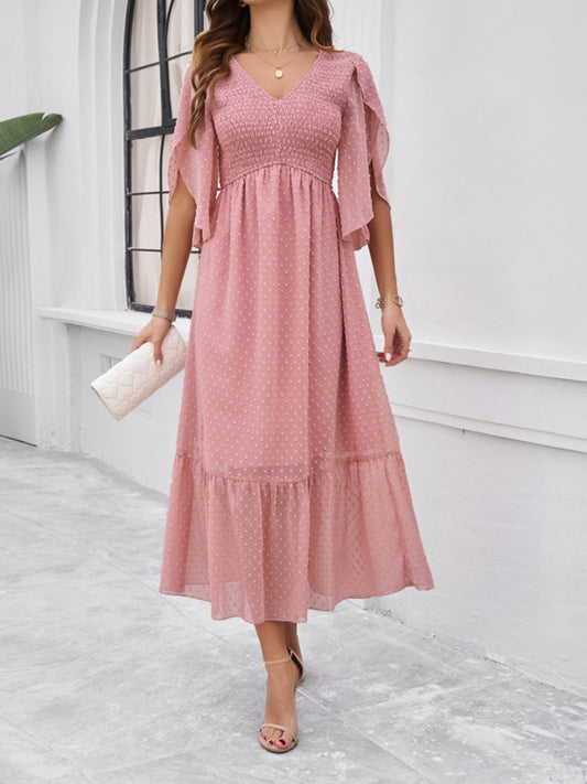 Midi Dresses- Swiss Dot Cocktail Dress with Flounce Sleeves & High Waist- Pink- Chuzko Women Clothing