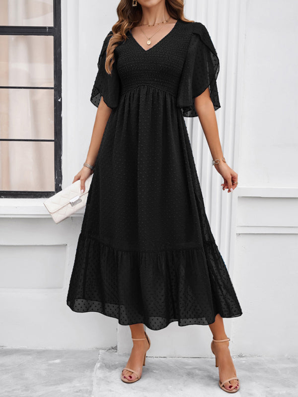 Midi Dresses- Swiss Dot Cocktail Dress with Flounce Sleeves & High Waist- Black- Chuzko Women Clothing