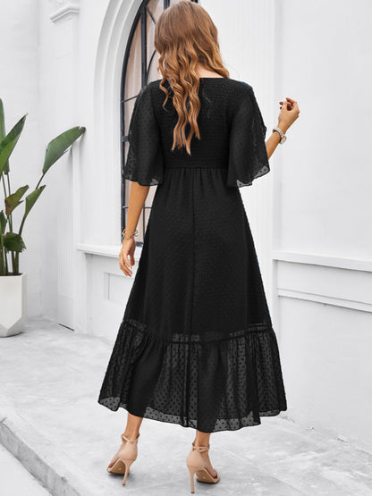 Midi Dresses- Swiss Dot Cocktail Dress with Flounce Sleeves & High Waist- - Chuzko Women Clothing
