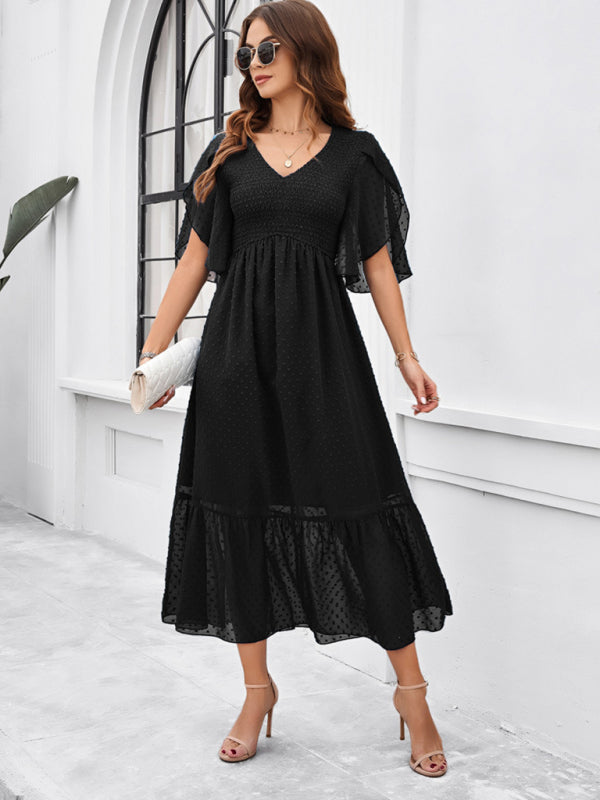 Midi Dresses- Swiss Dot Cocktail Dress with Flounce Sleeves & High Waist- - Chuzko Women Clothing