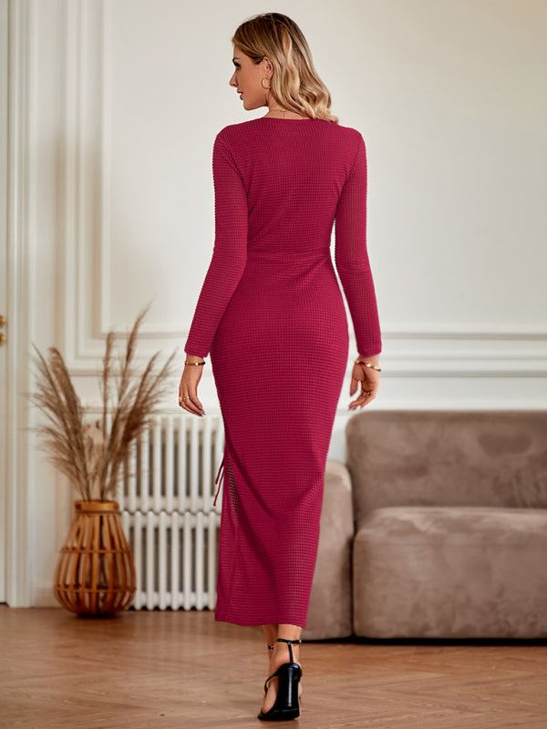 Midi Dresses- Textured Long Sleeve Midi Dress with Ruched Side Slit for Cocktails- Chuzko Women Clothing