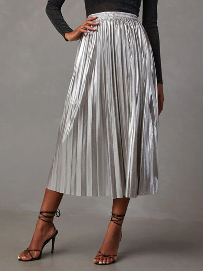 Midi Skirts- Metallic Faux Leather Pleated Midi Skirt- Chuzko Women Clothing