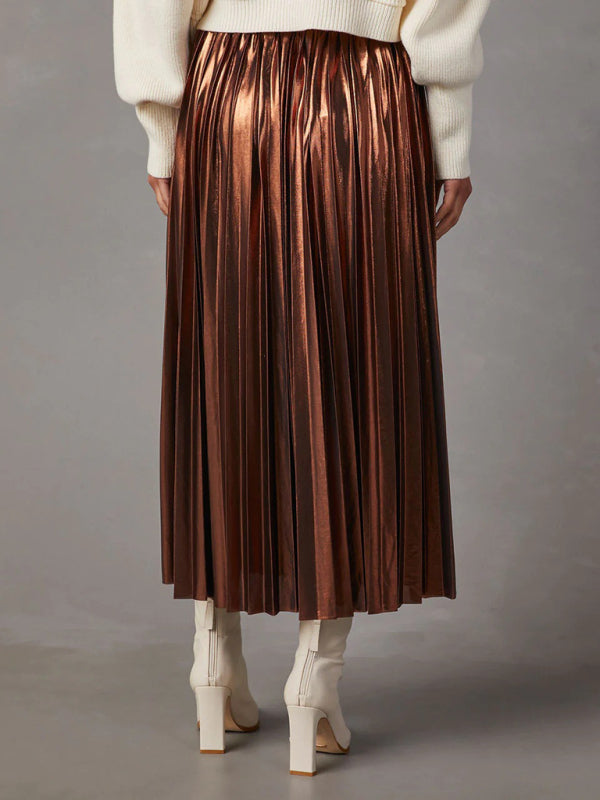 Midi Skirts- Metallic Faux Leather Pleated Midi Skirt- Chuzko Women Clothing