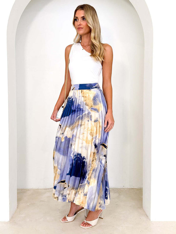 Midi Skirts- Printed High Waist Pleated Midi Skirt in Plisse- Chuzko Women Clothing