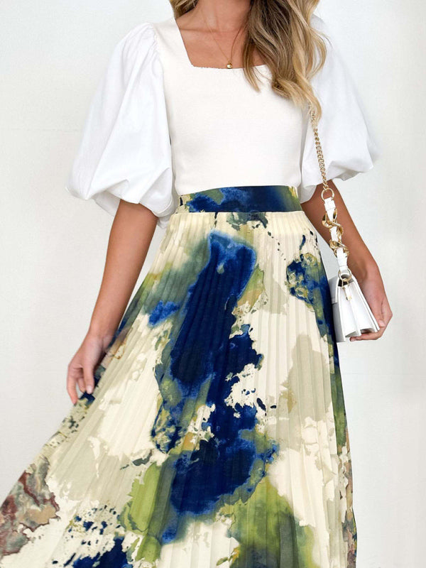 Midi Skirts- Printed High Waist Pleated Midi Skirt in Plisse- Chuzko Women Clothing