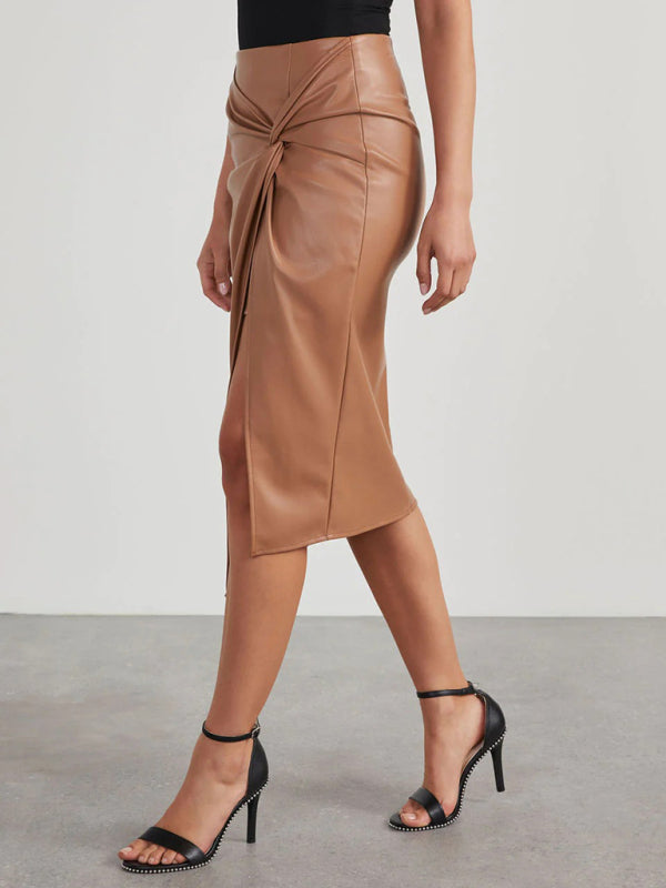 Midi Skirts- Solid Faux Leather Overskirt Knot Wrap Midi Skirt- Chuzko Women Clothing