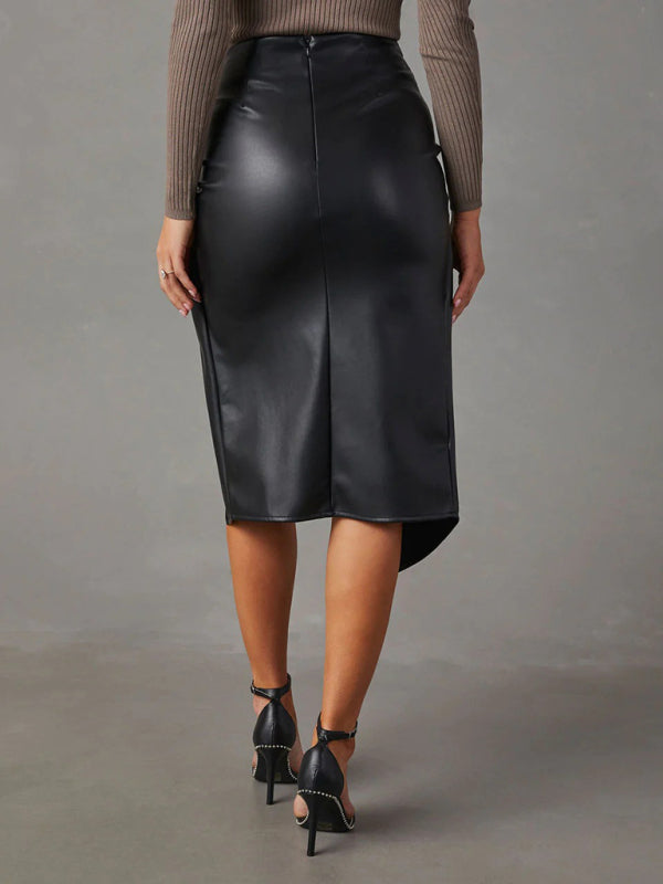 Midi Skirts- Solid Faux Leather Overskirt Knot Wrap Midi Skirt- Chuzko Women Clothing