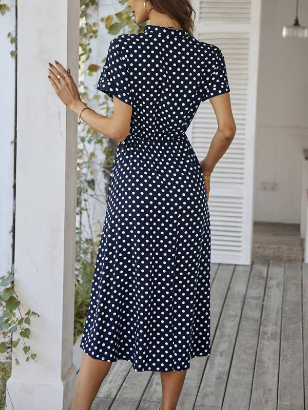 Short Sleeve Polka Dot Midi Dress with Gathered Waist