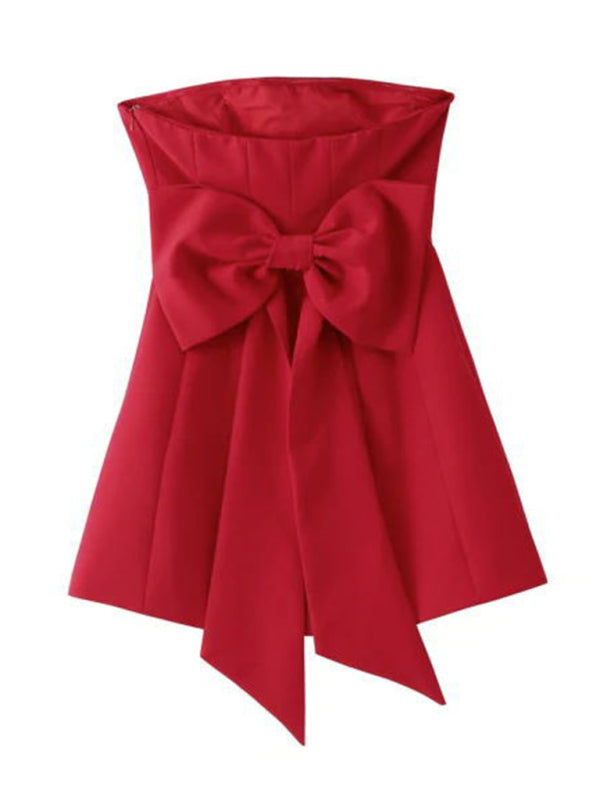 Mini Dresses- Elegant Solid Strapless Cocktail Mini Dress with a Bowknot Back- Chuzko Women Clothing