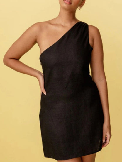 Mini Dresses- Essential Cocktail A-Line Mini Dress in Solid One-Shoulder- Black- Chuzko Women Clothing