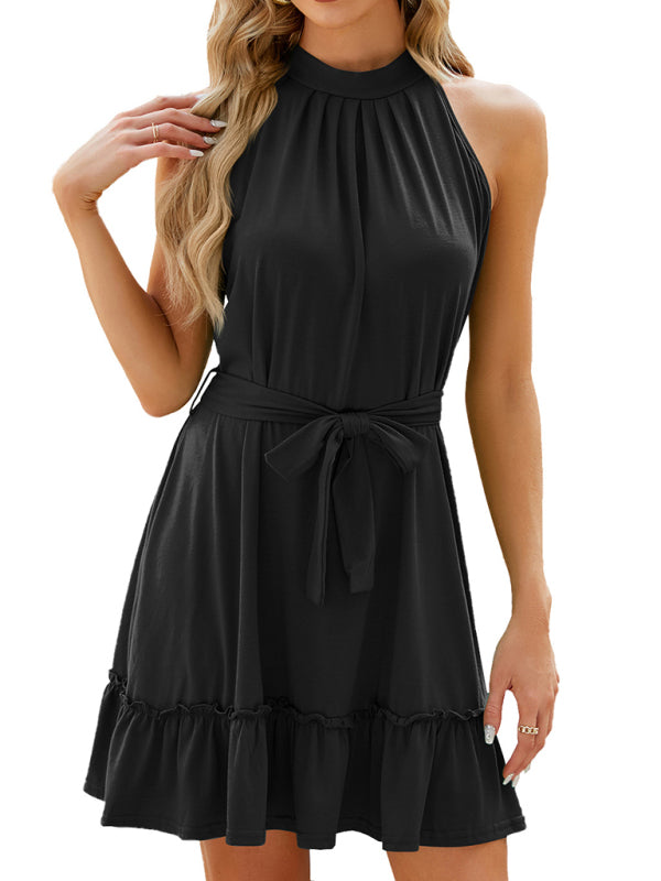 Knot Back Belted A-Line Mini Dress in Solid Halter
